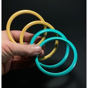 Vintage Mod Teal & Mustard Yellow Lucite Spacer Bangle Bracelets Set Of Four UFO